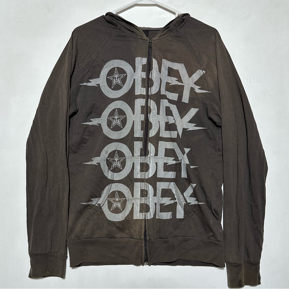 Vintage 00s Obey Men's Brown Zip-Up Hoodie with Logo